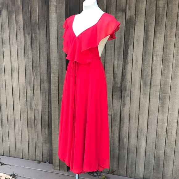 Anthropologie Yumi Kim Womens Red Wrap Midi Dress Ruffle Crepe Large - Picture 4 of 16